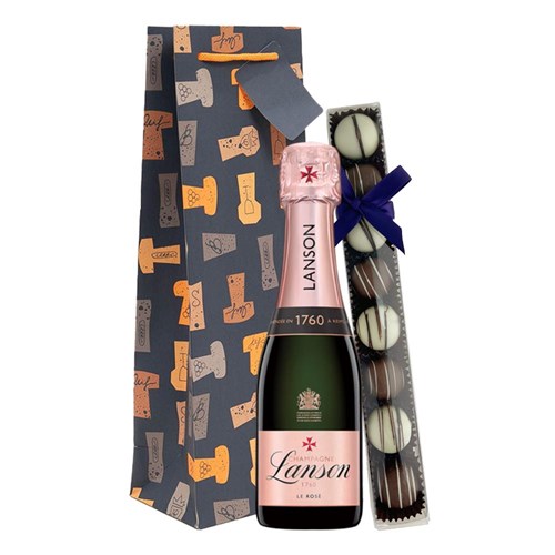 Mini Lanson Le Creation Rose Champagne 20cl & Fine Artisanal Truffles Gift Bag